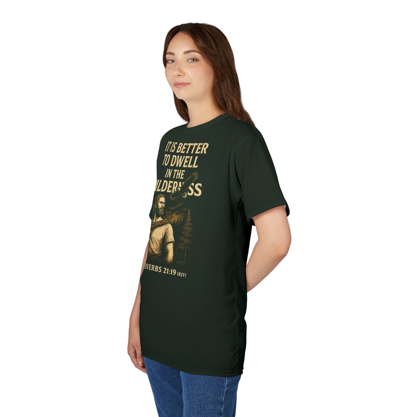 "Proverbs 21:19 (KJV)", Wearable Art Unisex T-shirt (Dark Woodland Green)