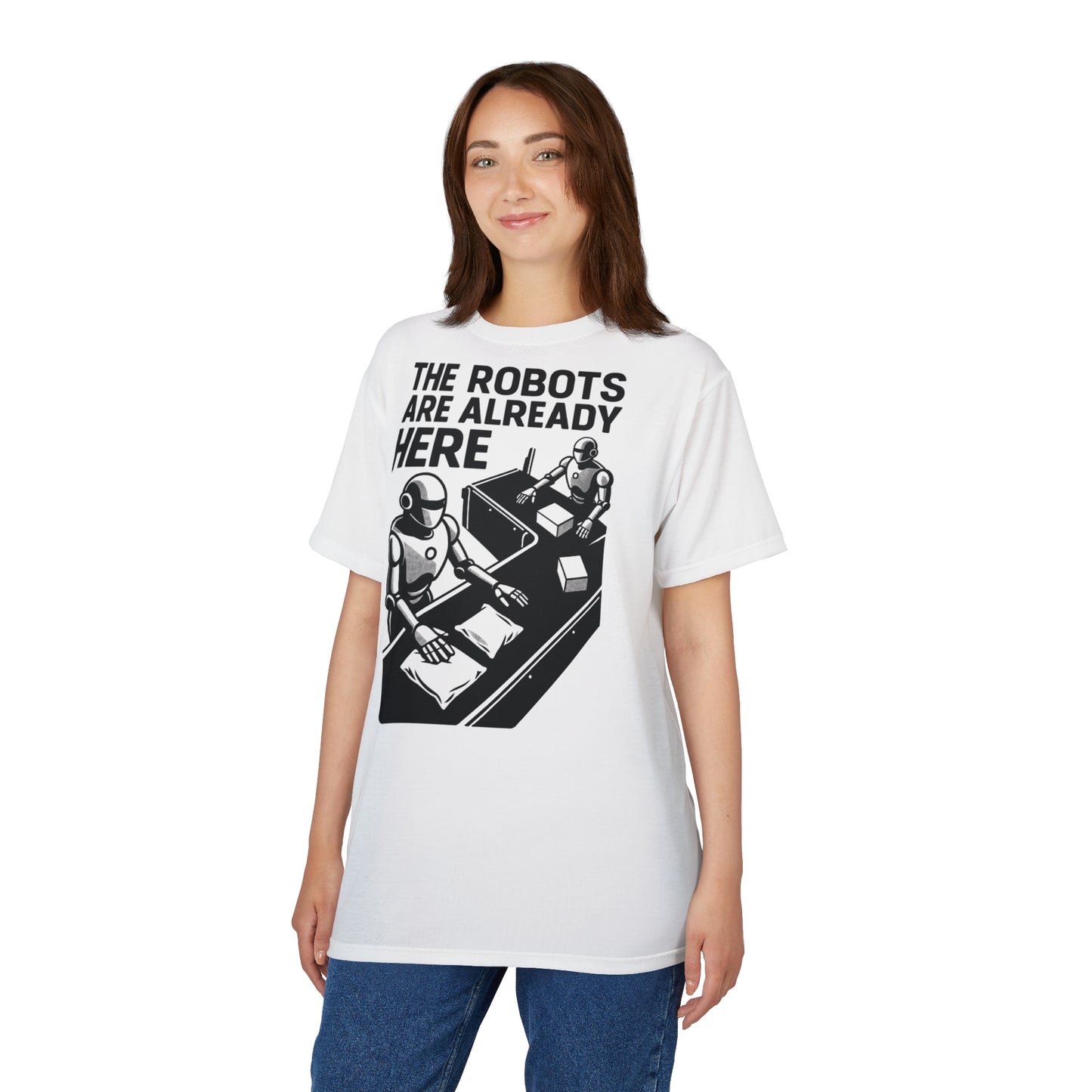 "The Robots Are Already Here", Graphic Art Unisex T-Shirt (Linen White)