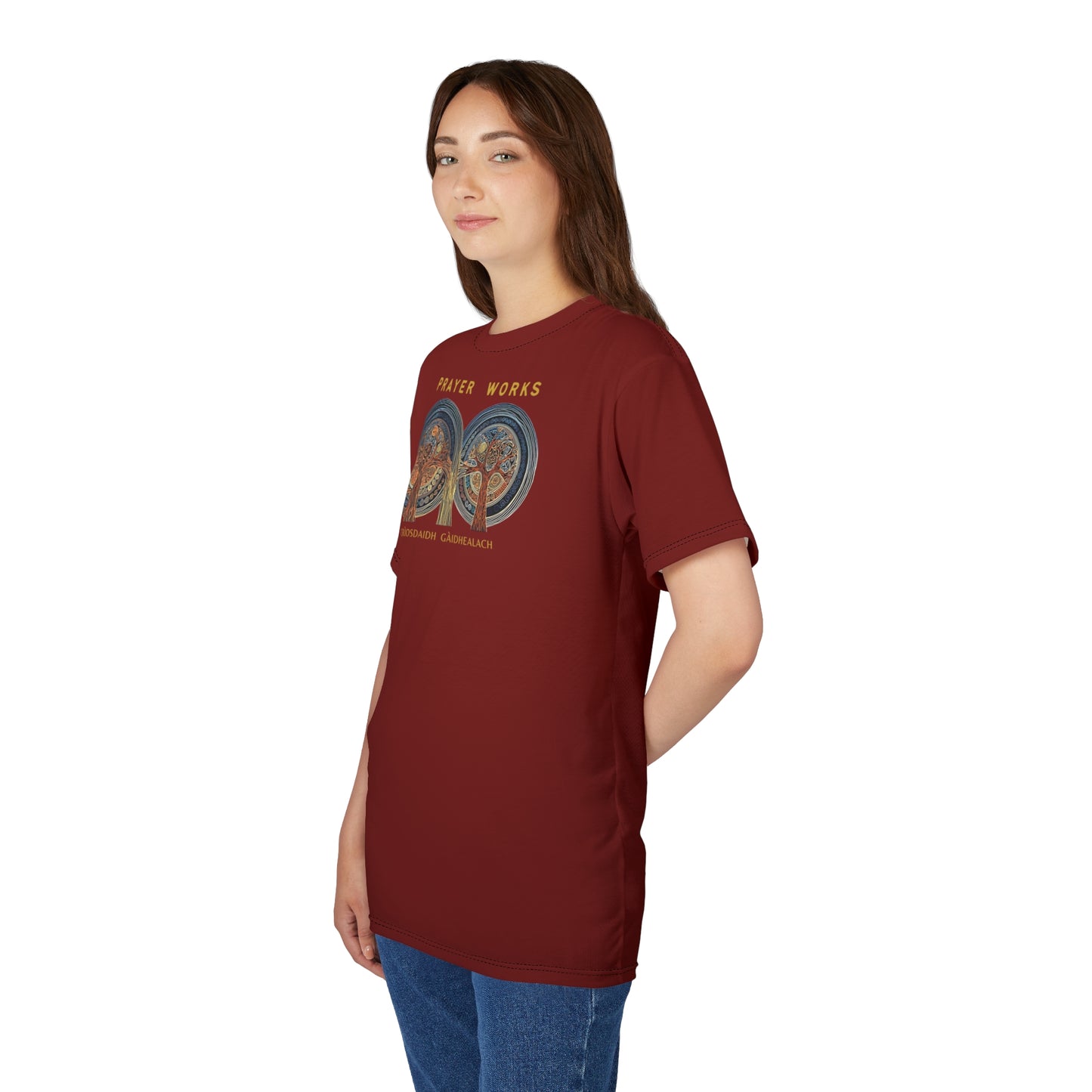 "Prayer Works – Gaelic Christian", Wearable Fine Art Unisex T-shirt (Emberline Red)