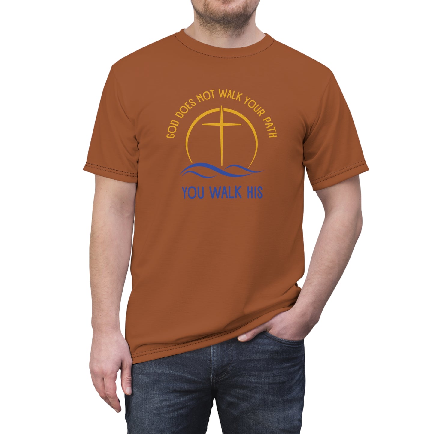 "God Does Not Walk Your Path", Unisex T-shirt (Sienna Brown)