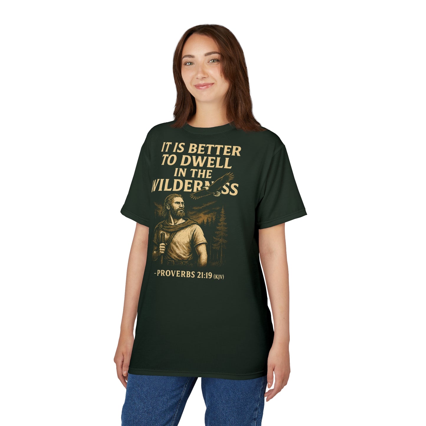 "Proverbs 21:19 (KJV)", Wearable Art Unisex T-shirt (Dark Woodland Green)