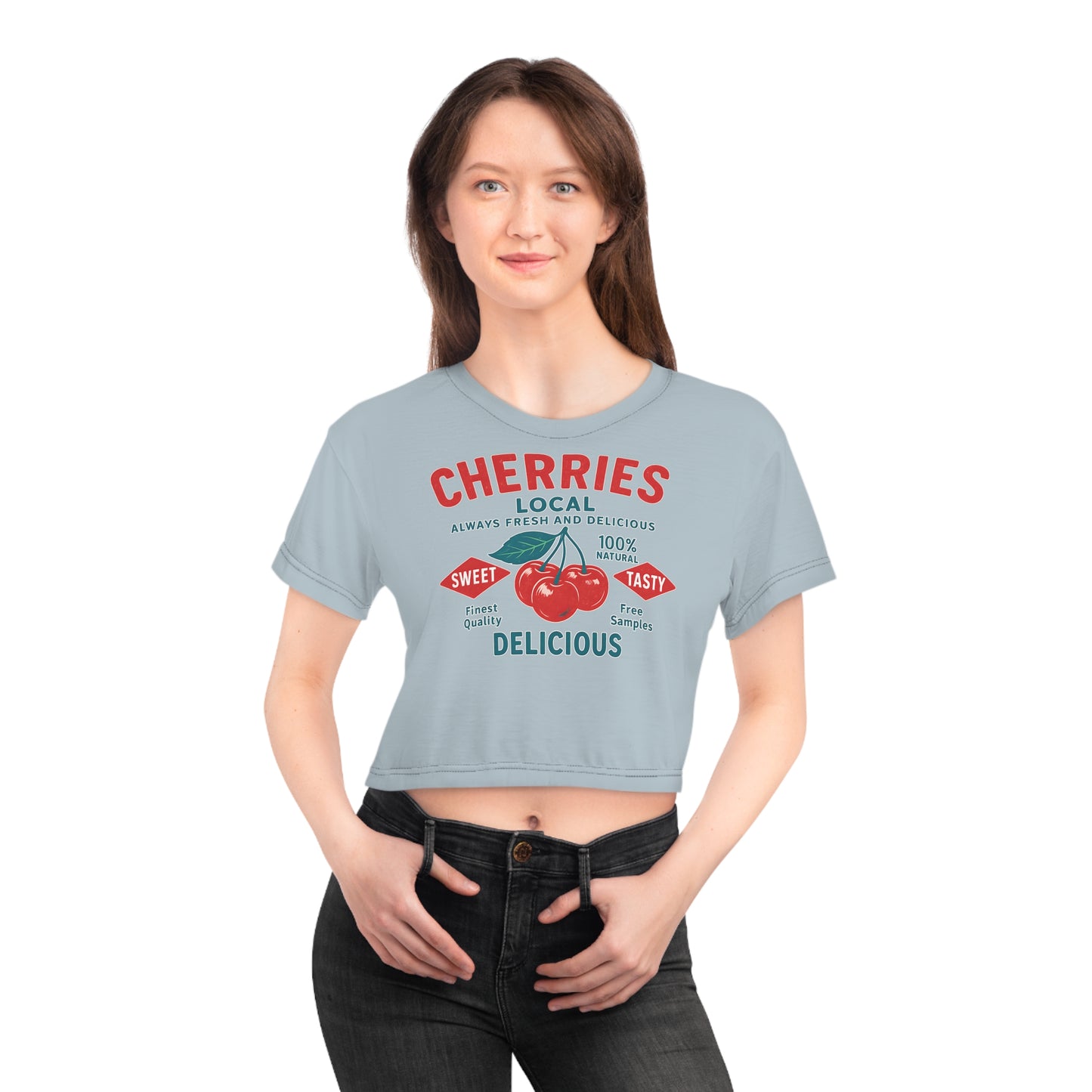 "Delicious Cherries", Crop Tee (Washed Silver-Blue)