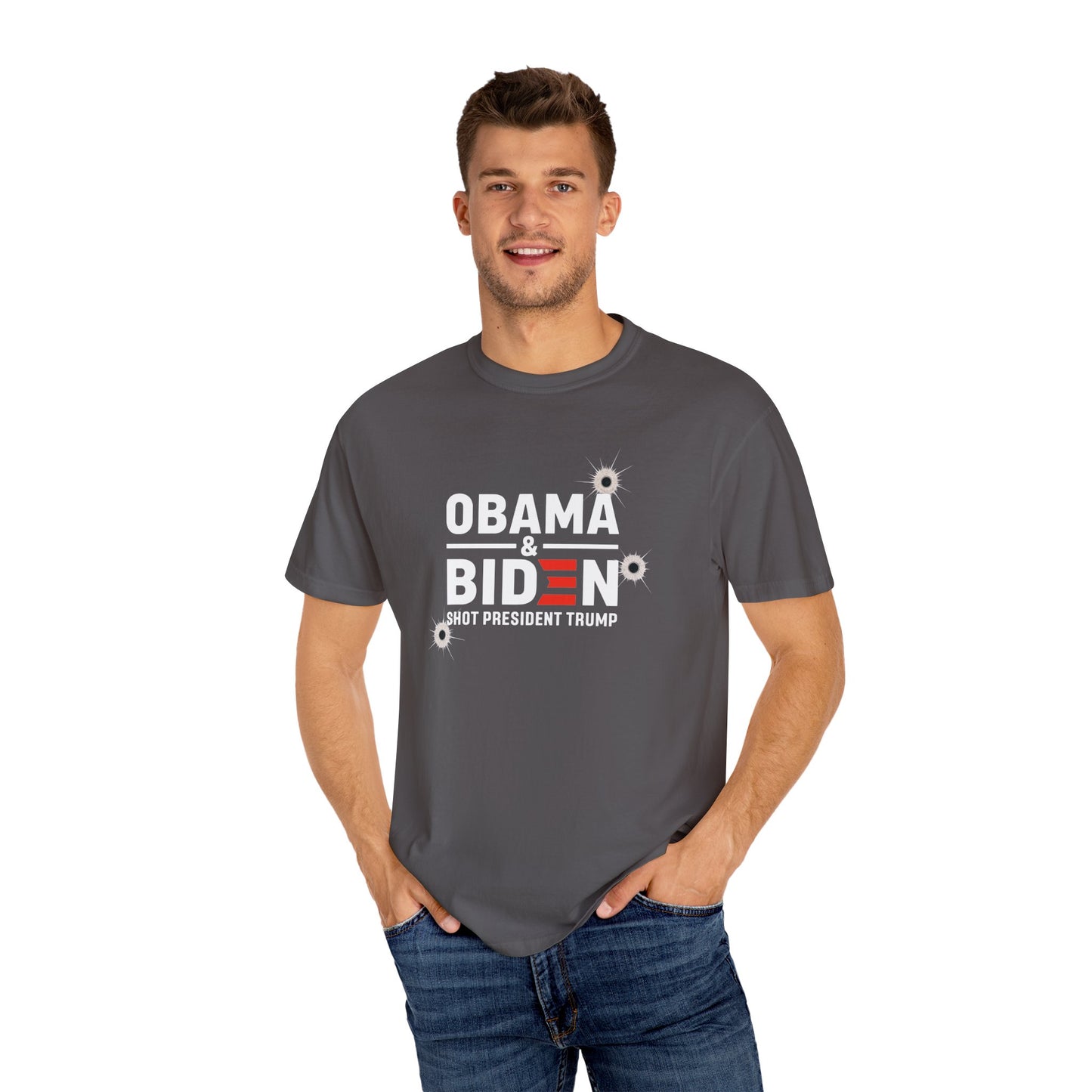 "Obama & Biden Shot President Trump", Unisex Black T-shirt