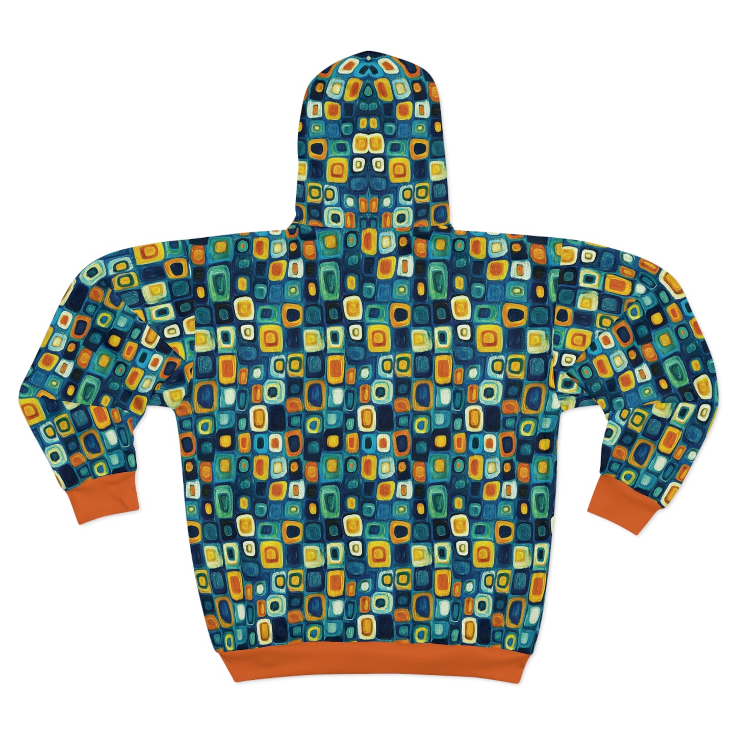 "Soul Mosaic", Unisex Wearable Art Zip Hoodie (Metallic Orange Cuffs & Waistband)