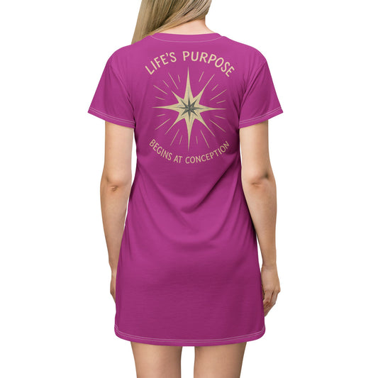 "Life's Purpose Begins at Conception #02", T-Shirt Dress (Prairie Foxglove)
