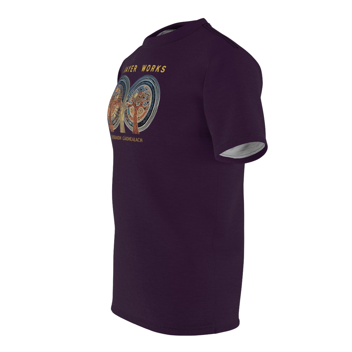 "Prayer Works – Gaelic Christian", Wearable Fine Art Unisex T-shirt (Dark Bramble)
