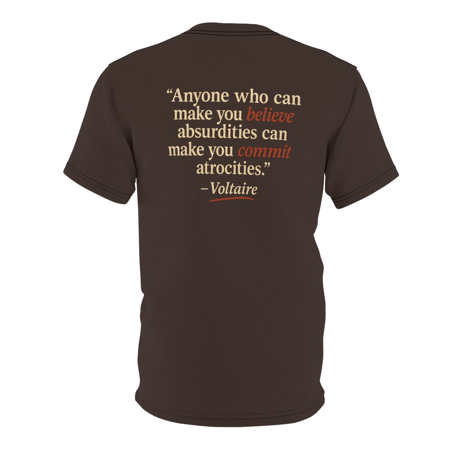 "Beware Woke - Voltaire", Wearable Art Unisex T-shirt (Skilandis Brown)