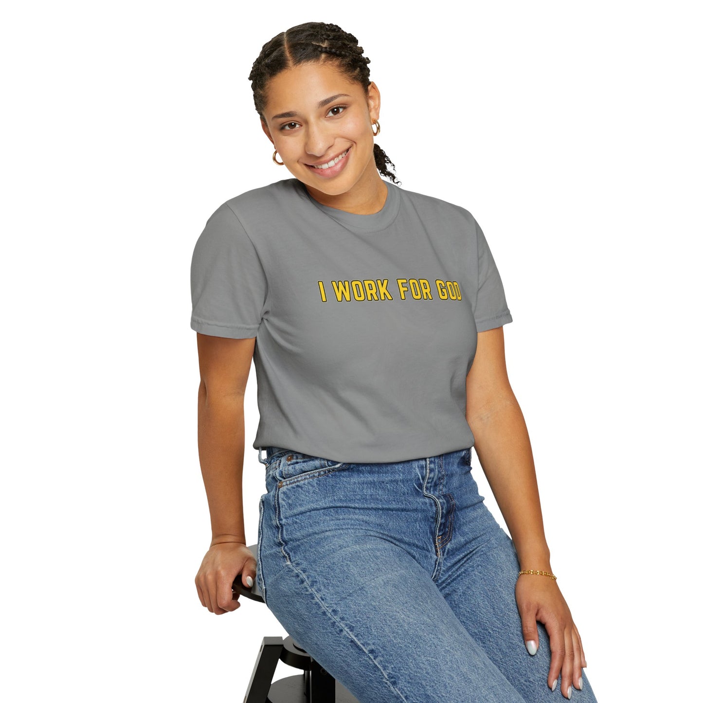 "I Work for God" Unisex T-shirt (Gold Font)