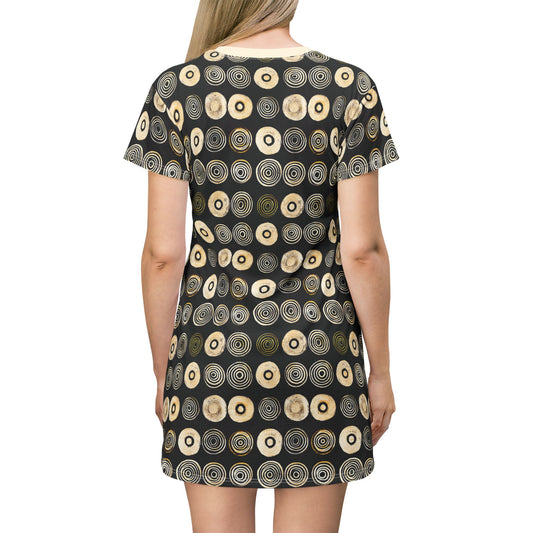 "Punk Polka", Wearable Pattern Art T-Shirt Dress (Iced Almond Collar)