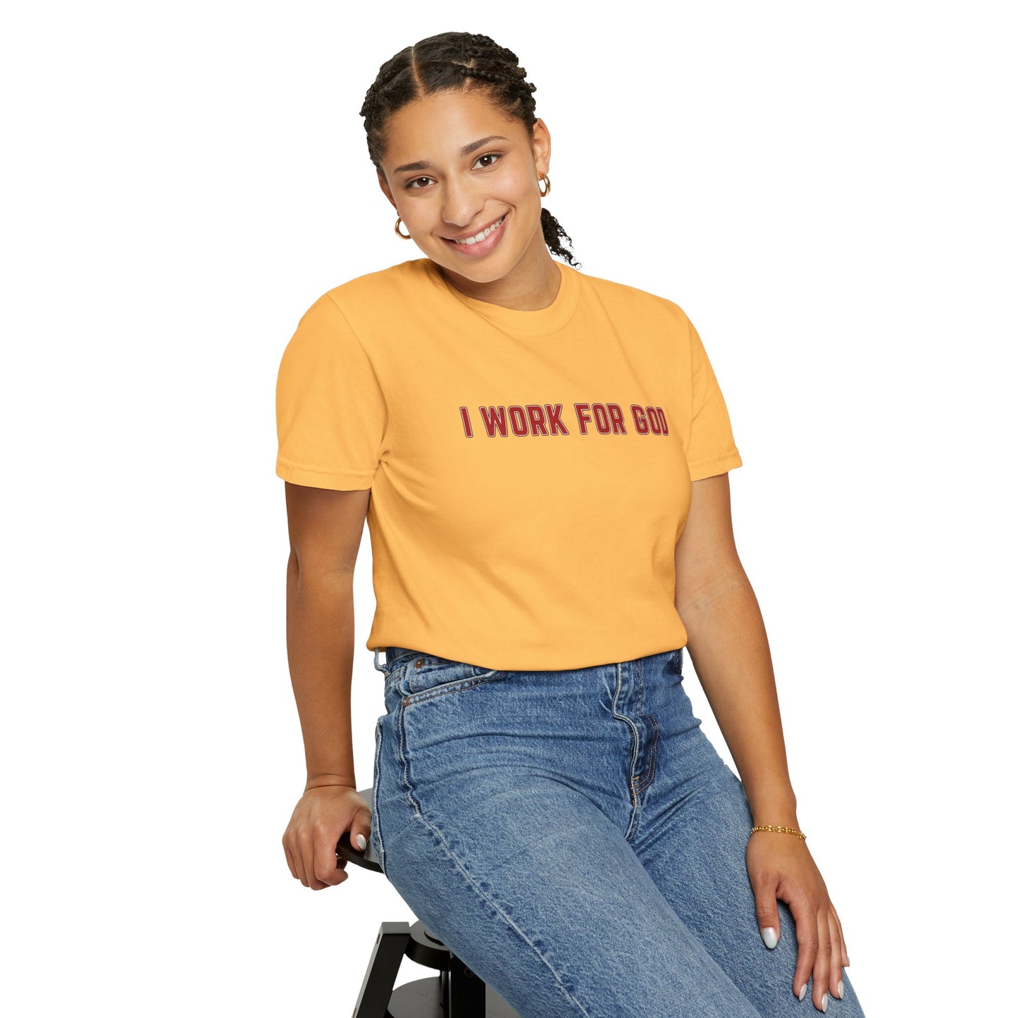 "I Work for God", Unisex T-shirt (Red Font)