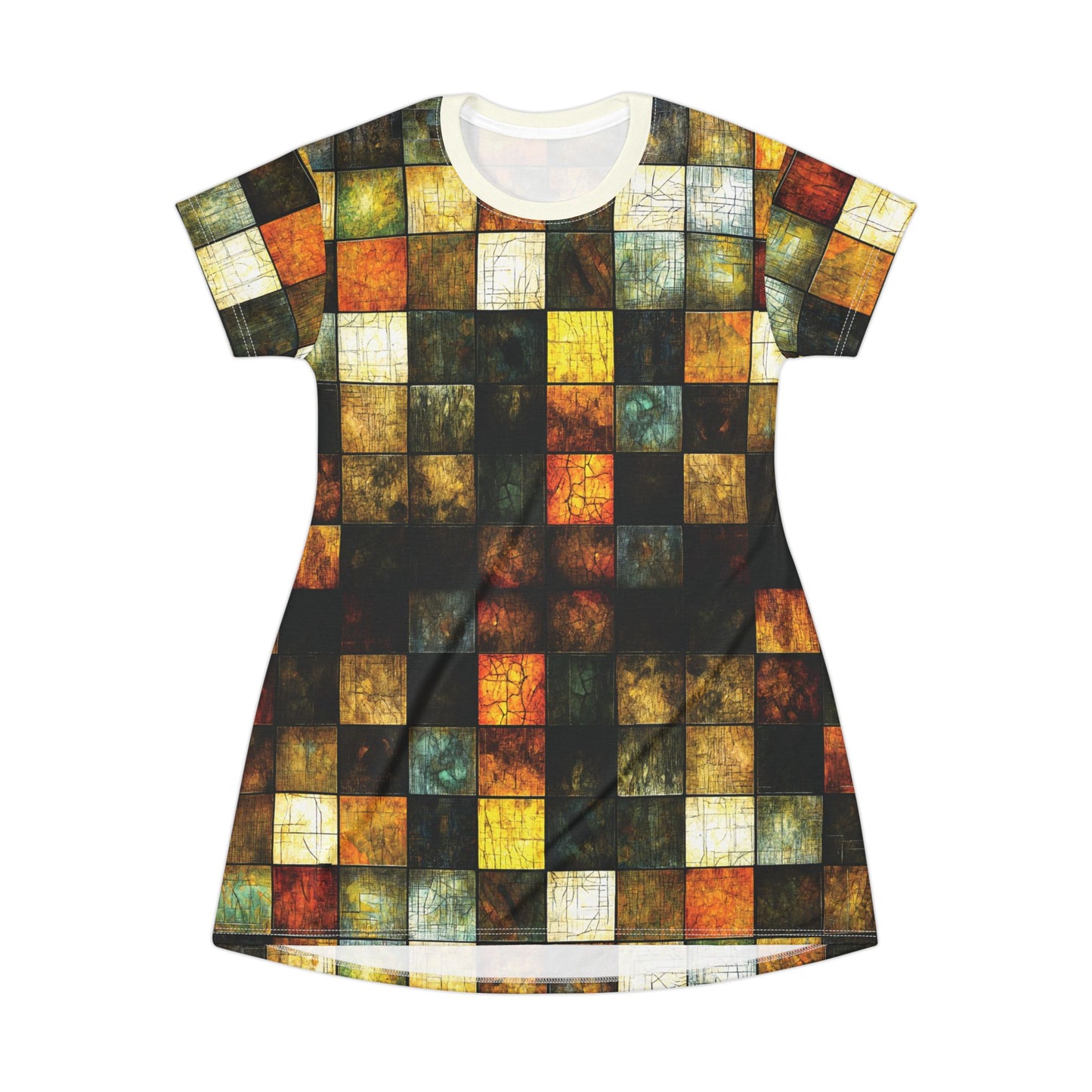 "Wood Block Pattern" #01, Wearable Fine Art T-Shirt Dress (Ivory Collar)