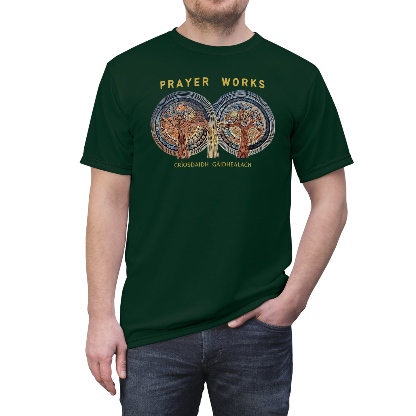 "Prayer Works – Gaelic Christian", Wearable Fine Art Unisex T-shirt (Deep Grove Green)