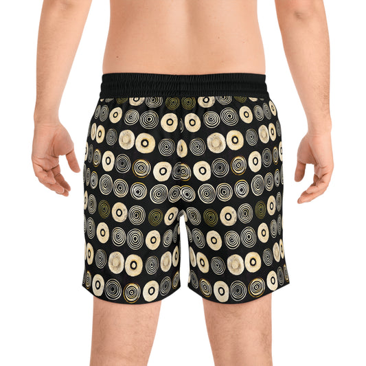 "Punk Polka", Men's Mid-Length Swim Shorts (Plain Black Cuffs)