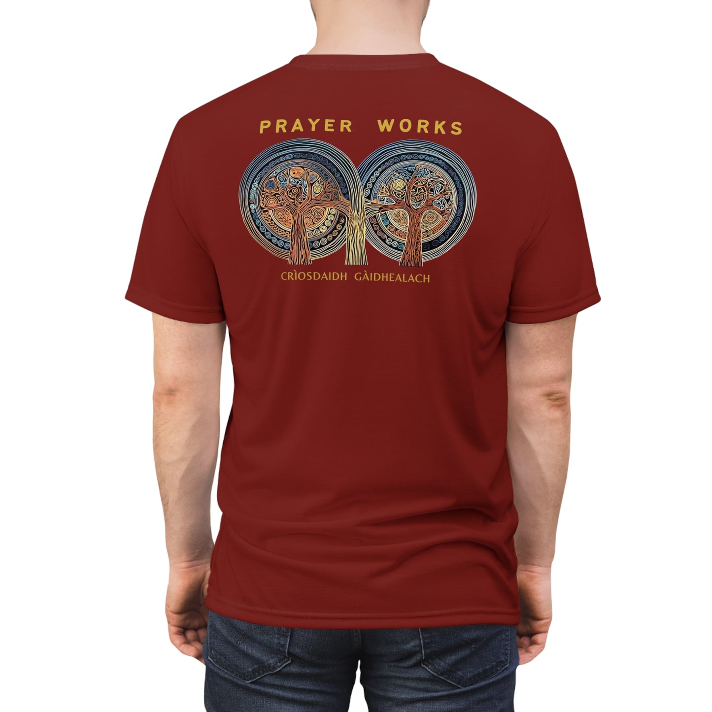 "Prayer Works – Gaelic Christian", Wearable Fine Art Unisex T-shirt (Emberline Red)