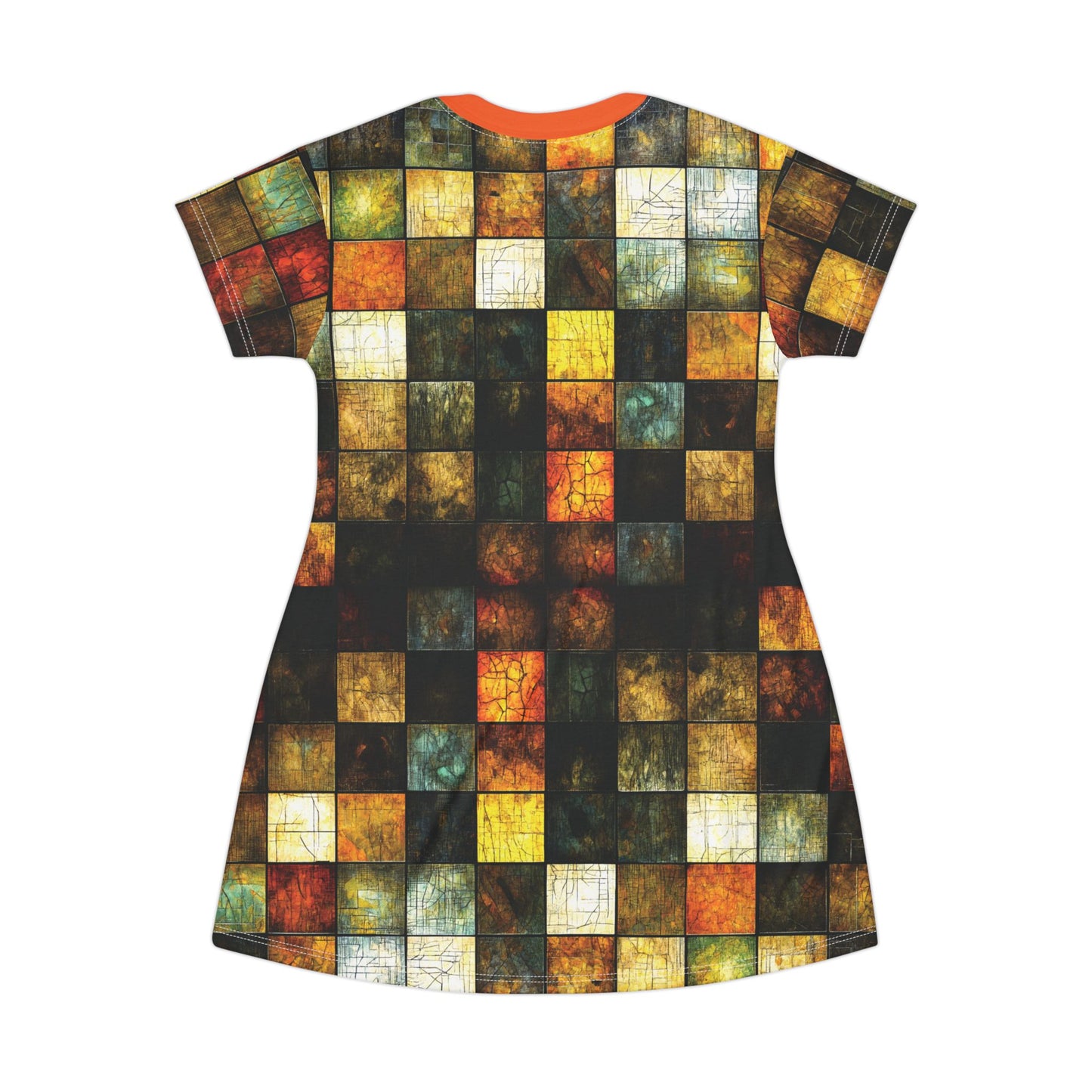"Wood Block Pattern" #01, Wearable Fine Art T-Shirt Dress (Lava Orange Collar)