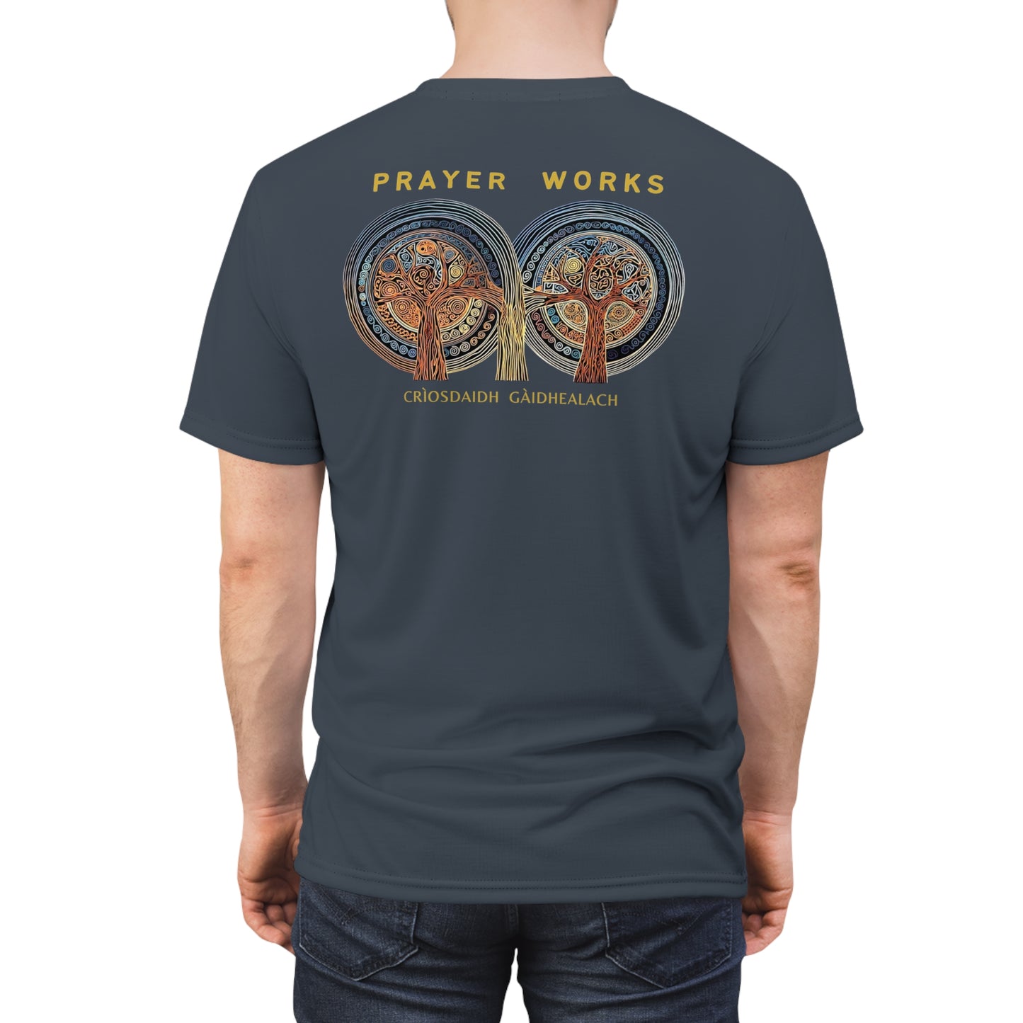 "Prayer Works – Gaelic Christian", Wearable Fine Art Unisex T-shirt (Hearthstone Grey)