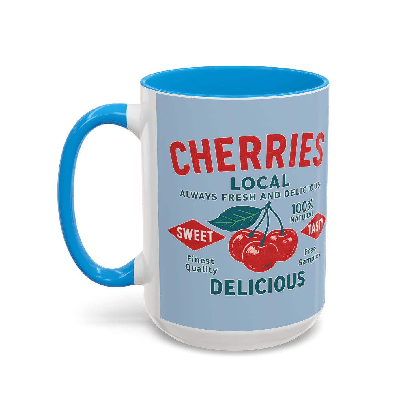 "Delicious Cherries", Colorful Mugs (11oz, 15oz) (Retro Sky)