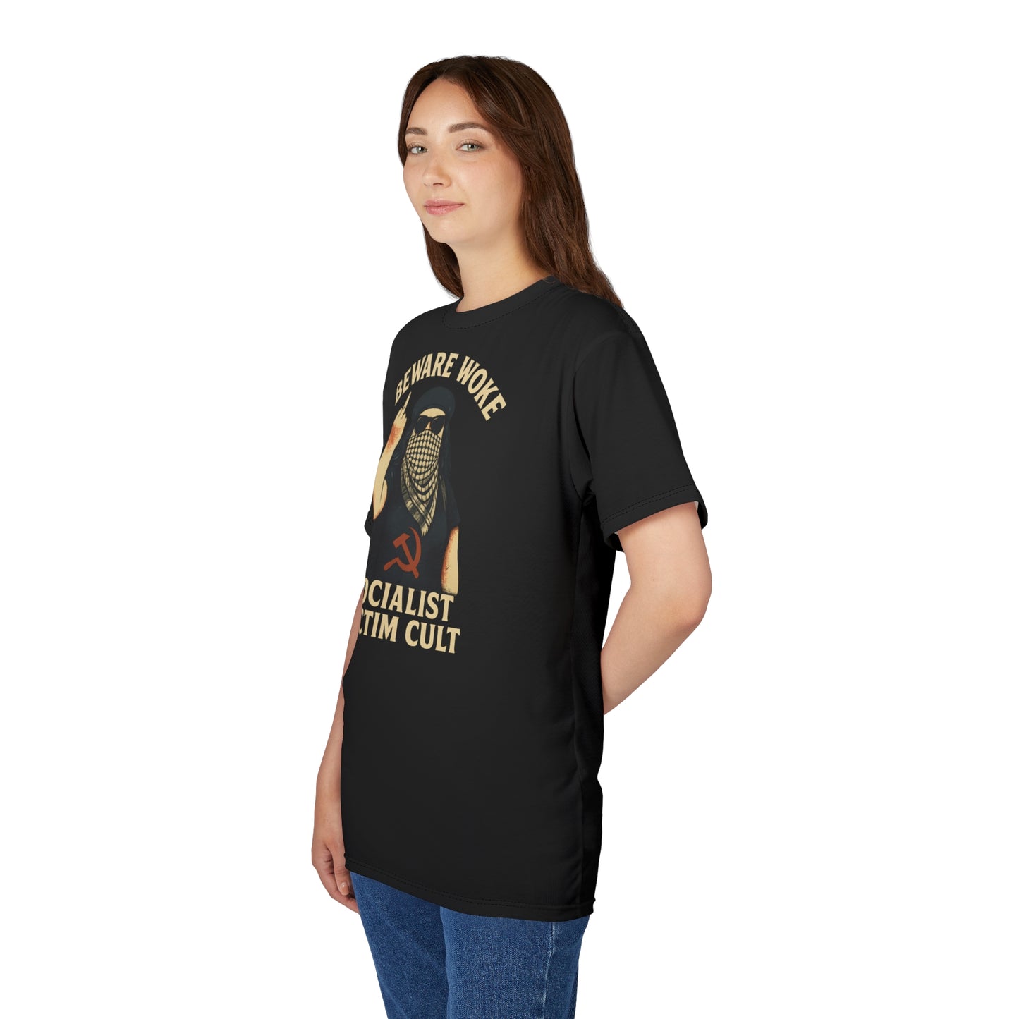 "Beware Woke - Voltaire", Wearable Art Unisex T-shirt (Black Leather)