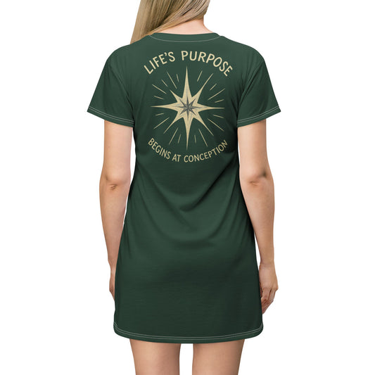 "Life's Purpose Begins at Conception #02", T-Shirt Dress (Alaskan Moss)