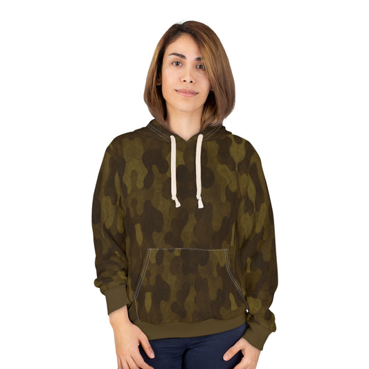 "Swamp Recon Camouflage", Unisex Wearable Art Pullover Hoodie (Cattail Bronze Cuffs & Waist)