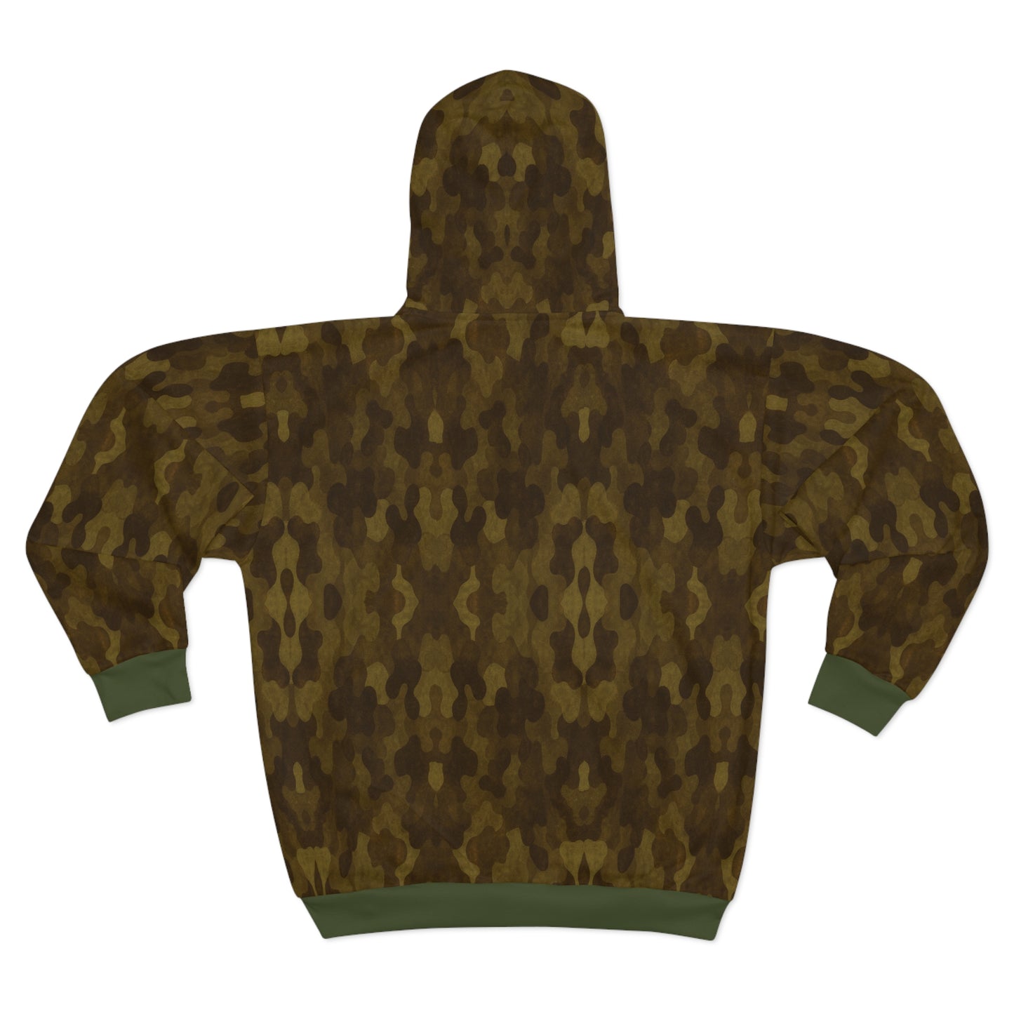 "Swamp Recon Camouflage", Unisex Wearable Art Zip Hoodie (Fen Moss Green Cuffs and Waist)