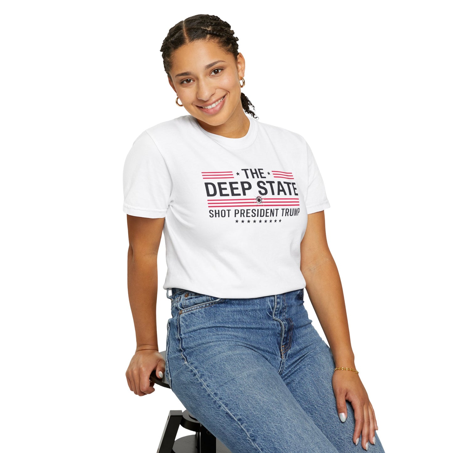 "The Deep State Shot President Trump" #02, Unisex White T-shirt