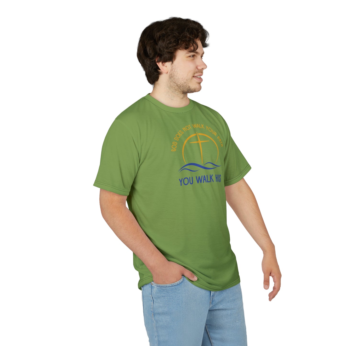 "God Does Not Walk Your Path", Unisex T-shirt (70's Light Green)