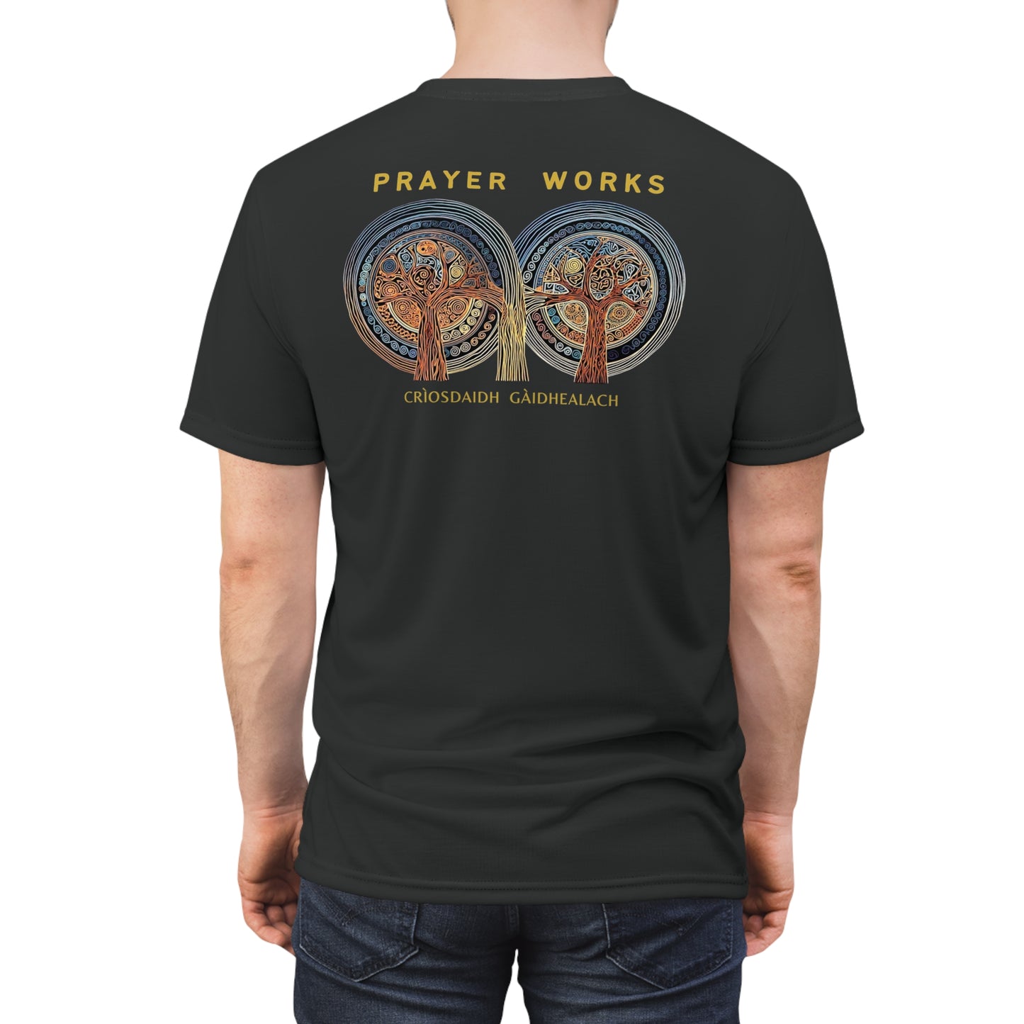 "Prayer Works – Gaelic Christian", Wearable Fine Art Unisex T-shirt (Dark Dùn Grey)