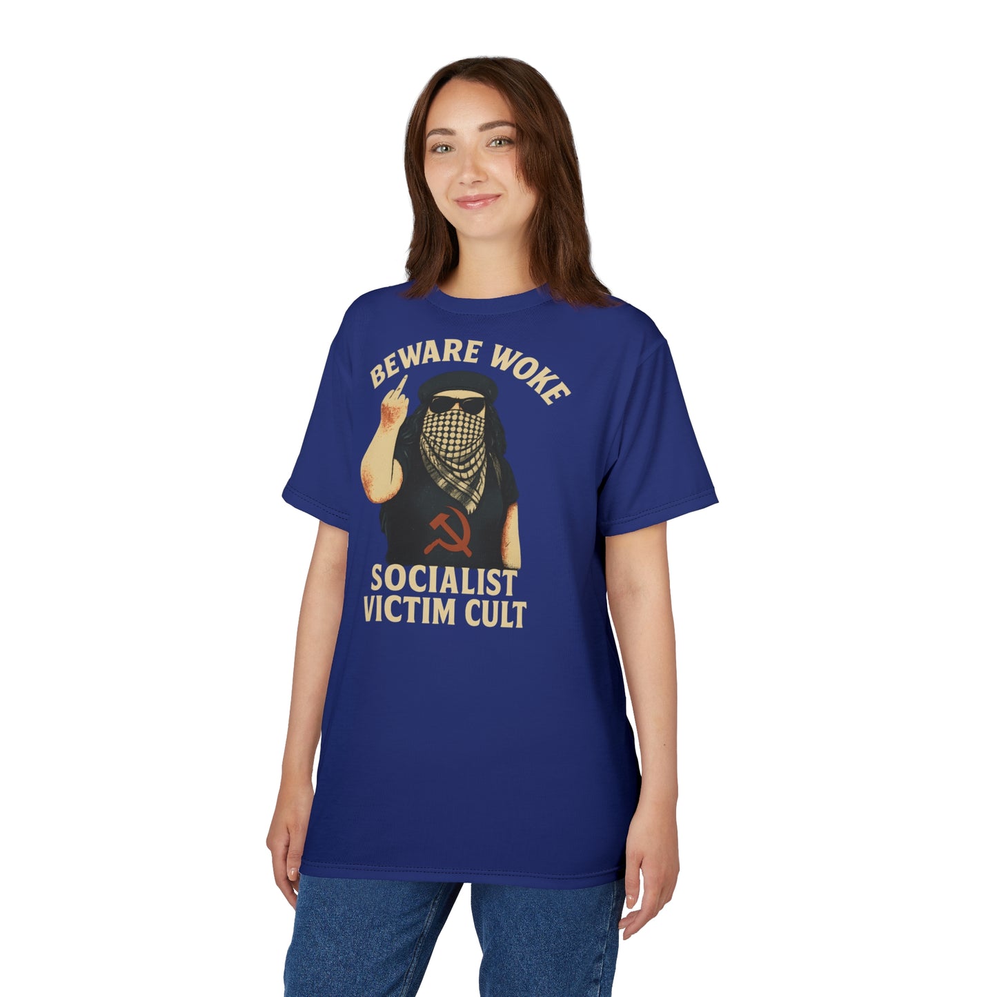 "Beware Woke - Voltaire", Wearable Art Unisex T-shirt (Twilight Blue)