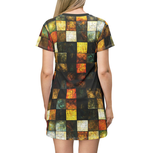 "Wood Block Pattern" #01, Wearable Fine Art T-Shirt Dress (Moss Black Collar)