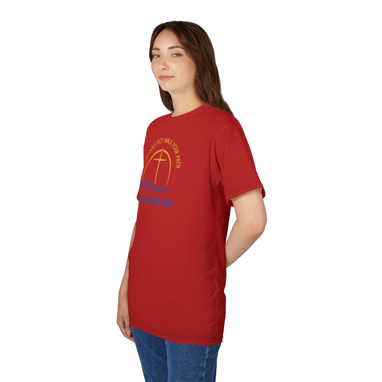 "God Does Not Walk Your Path", Unisex T-shirt (Light Cherry Red)