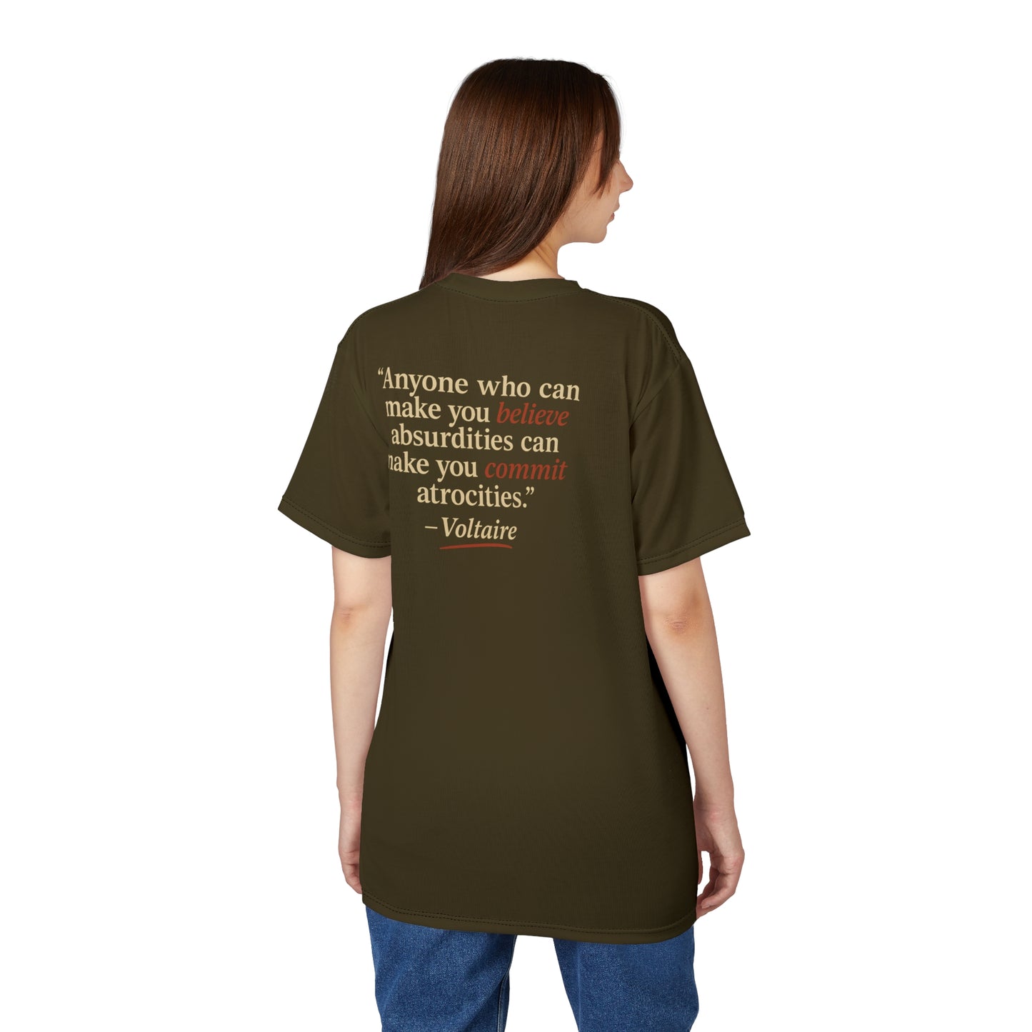 "Beware Woke - Voltaire", Wearable Art Unisex T-shirt (Camouflage Green)