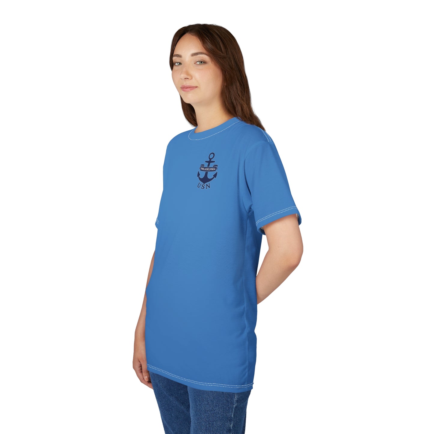 "USN Anchor", Unisex T-shirt (Pop Cyan-Atlantic Blue)