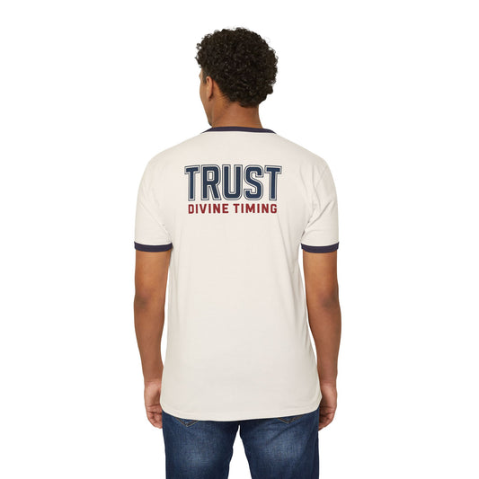 "Trust Divine Timing" #02, Unisex Cotton Ringer T-Shirt