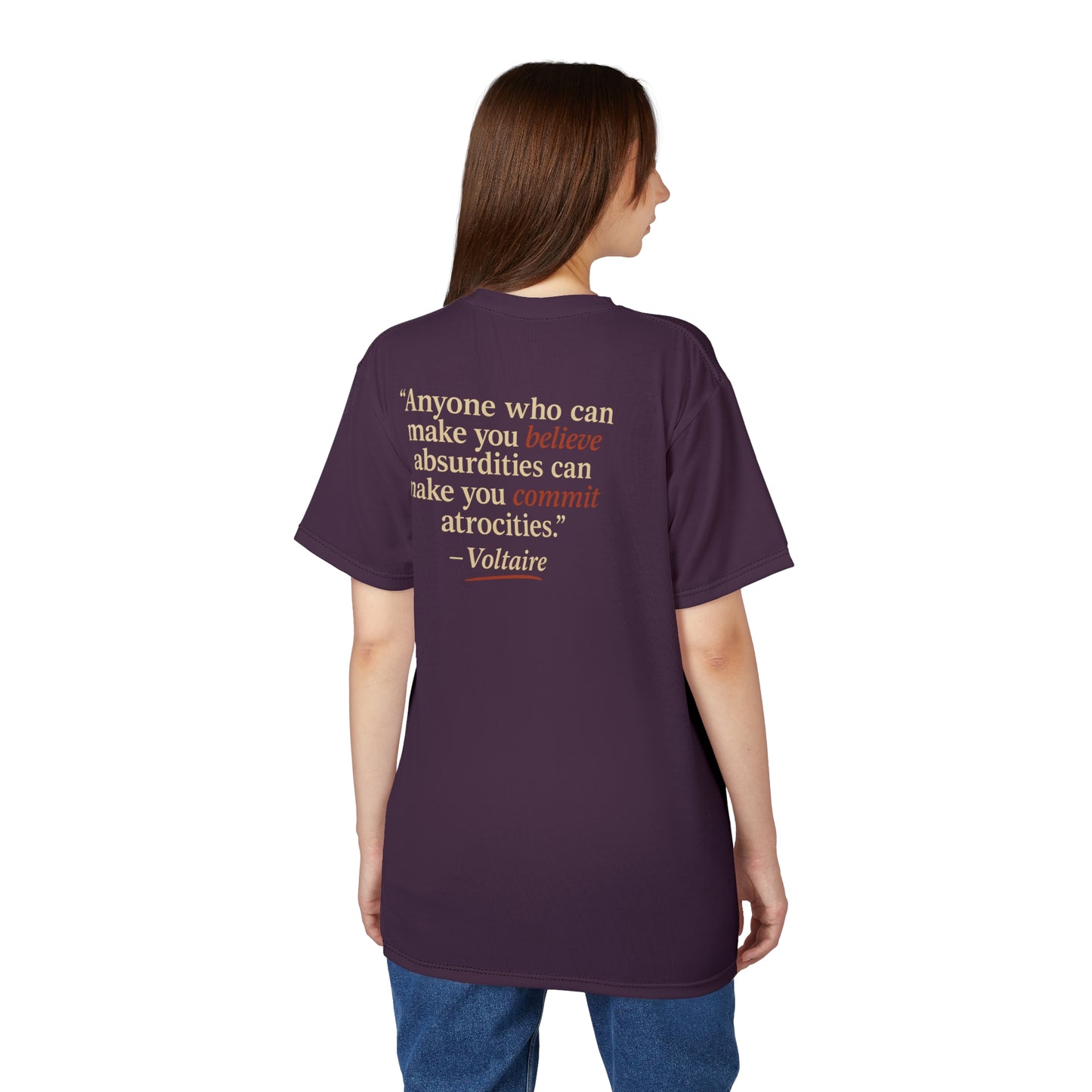 "Beware Woke - Voltaire", Wearable Art Unisex T-shirt (Blackberry Wine)