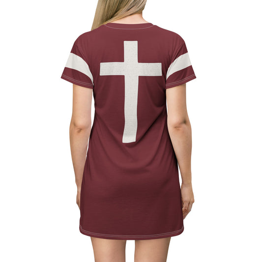 "Faith Overcomes Fear", T-Shirt Dress (Dark Cherry Red)