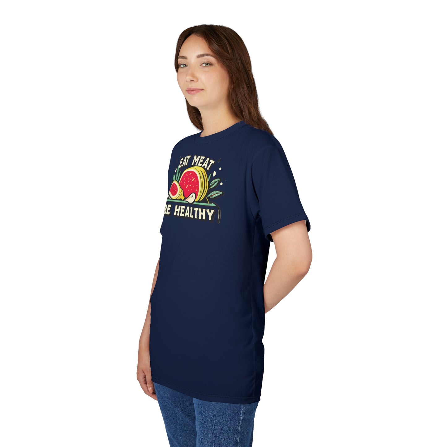 "Eat Meat & Be Healthy", Unisex T-shirt (Deep Ocean Blue)