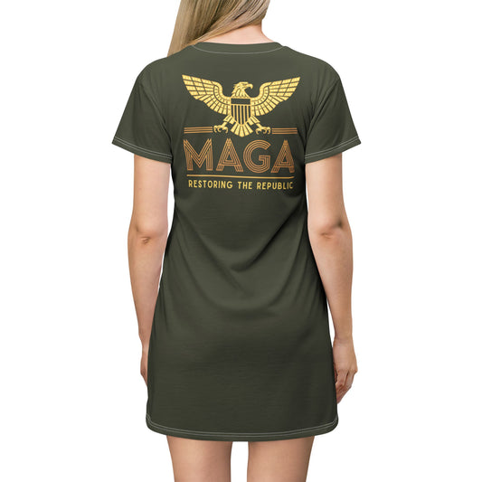 "MAGA - Restoring the Republic", T-Shirt Dress (Dark Olive Green)