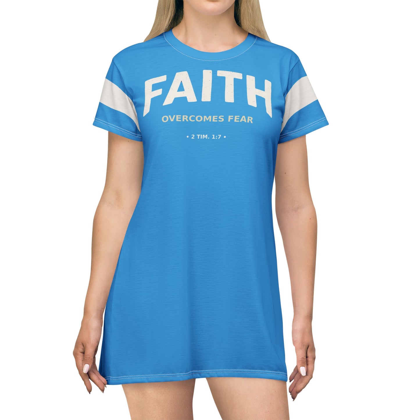 "Faith Overcomes Fear", T-Shirt Dress (Antipodean Blue)
