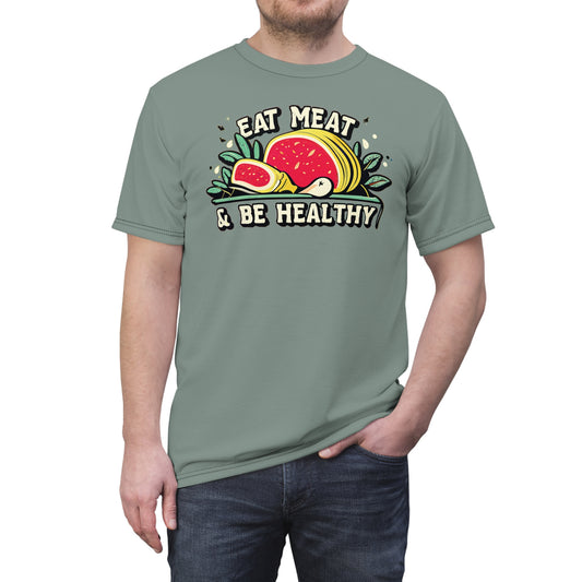 "Eat Meat & Be Healthy", Unisex T-shirt (Hebridean Flint)
