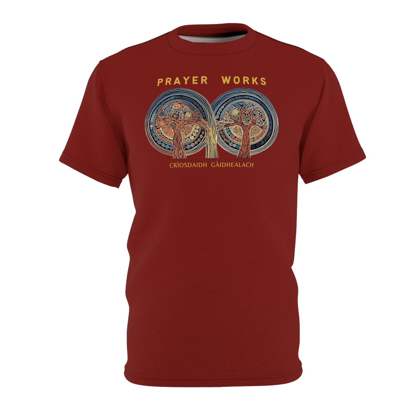 "Prayer Works – Gaelic Christian", Wearable Fine Art Unisex T-shirt (Emberline Red)