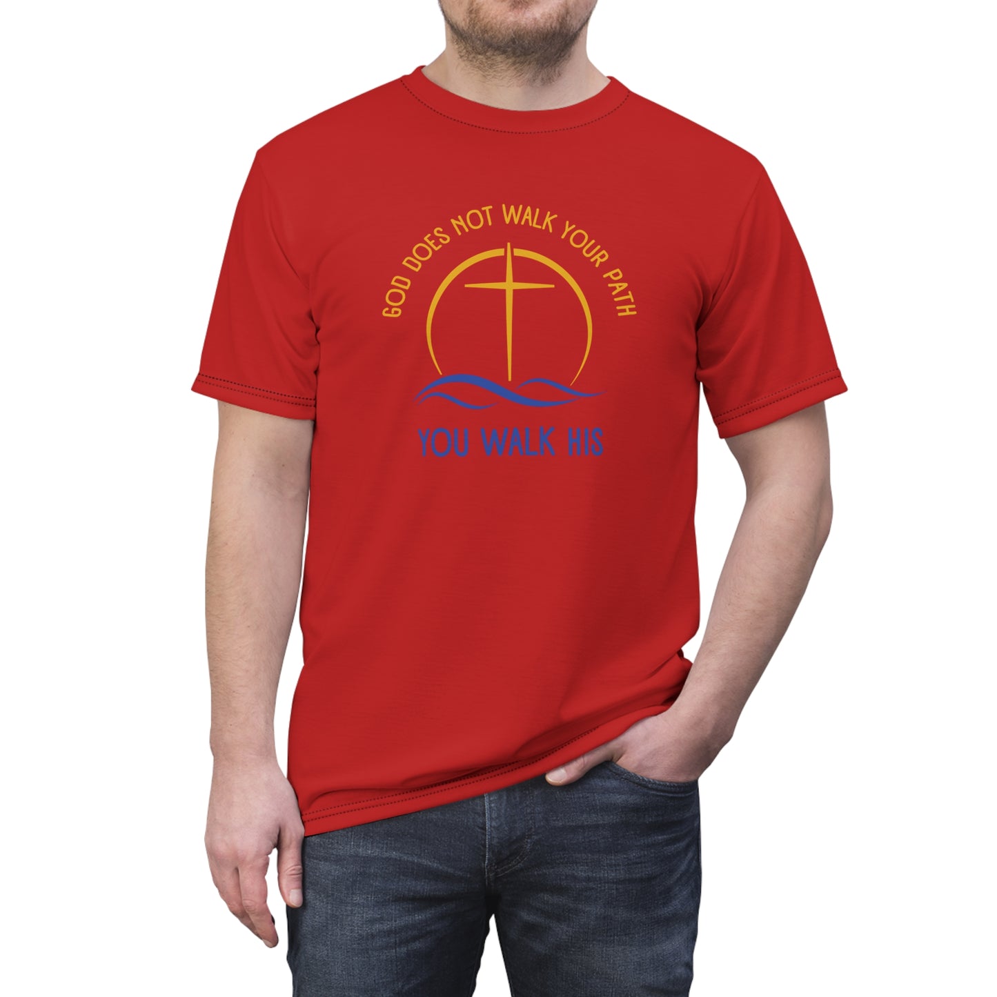 "God Does Not Walk Your Path", Unisex T-shirt (Light Cherry Red)
