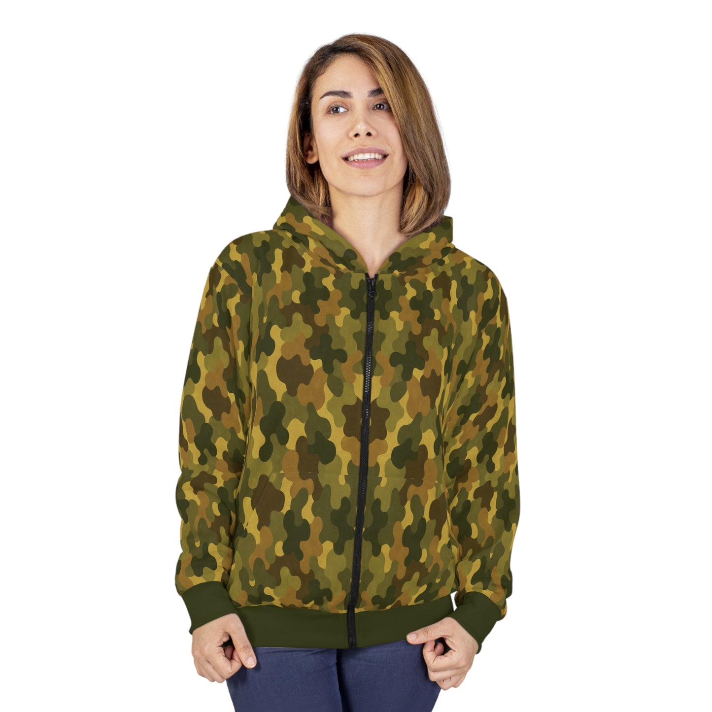 "SASR inspired Day-Ops Camouflage" Style 02, Unisex Wearable Art Zip Hoodie (SASR Green Cuffs and Waist)