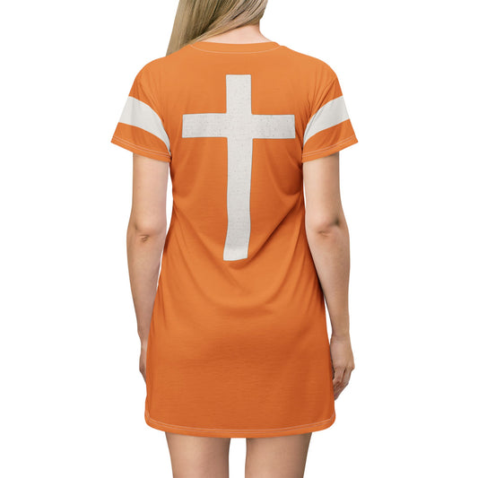 "Faith Overcomes Fear", T-Shirt Dress (Cadmium Orange)