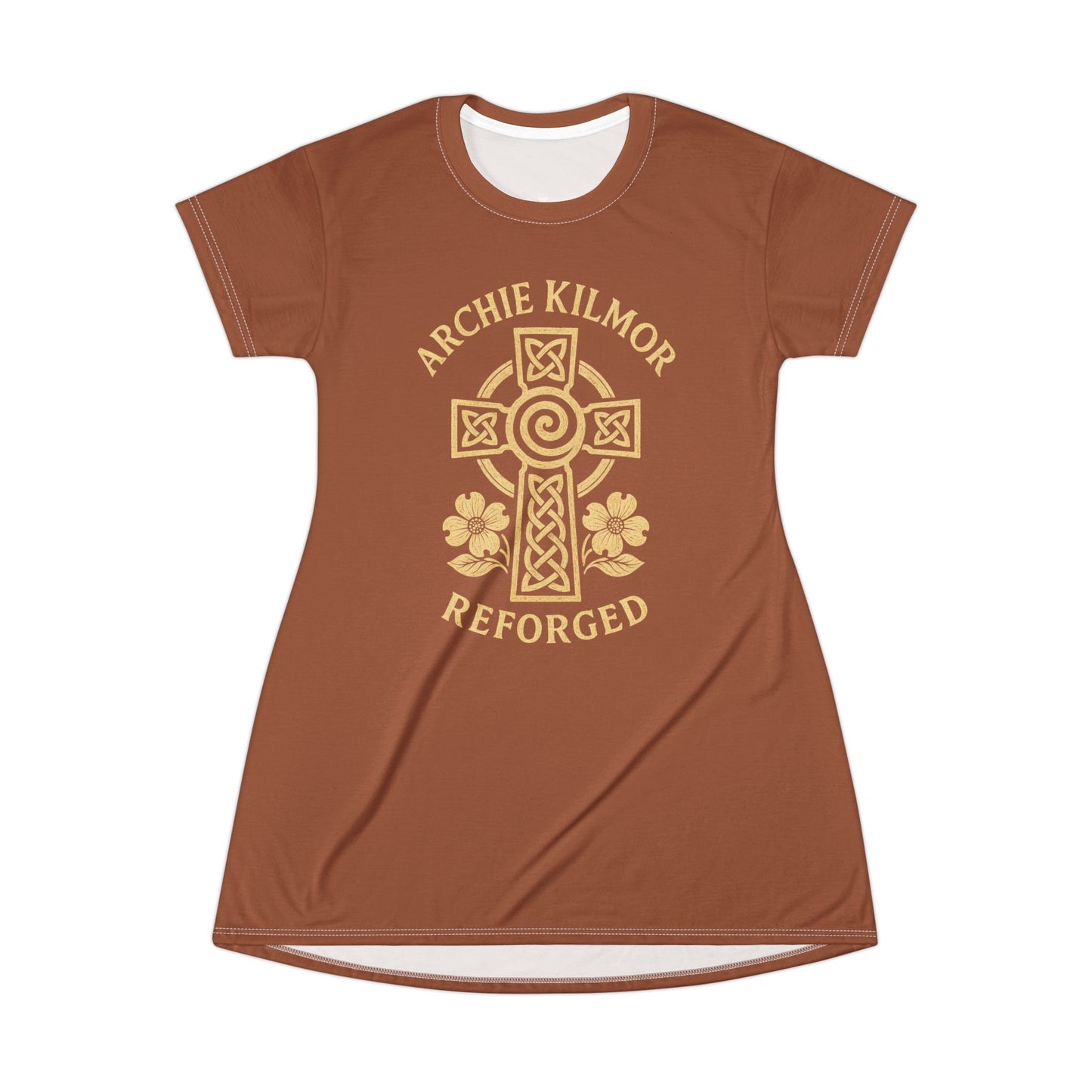 "Archie Kilmor Cross - Reforged" #01, Wearable Fine Art T-Shirt Dress (Sienna Brown)