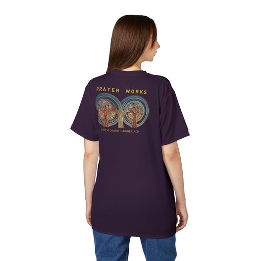 "Prayer Works – Gaelic Christian", Wearable Fine Art Unisex T-shirt (Dark Bramble)