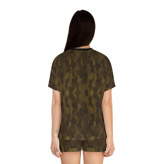 "Swamp Recon Camouflage", Women's Short Pajama Set (Black Collar & Waist)