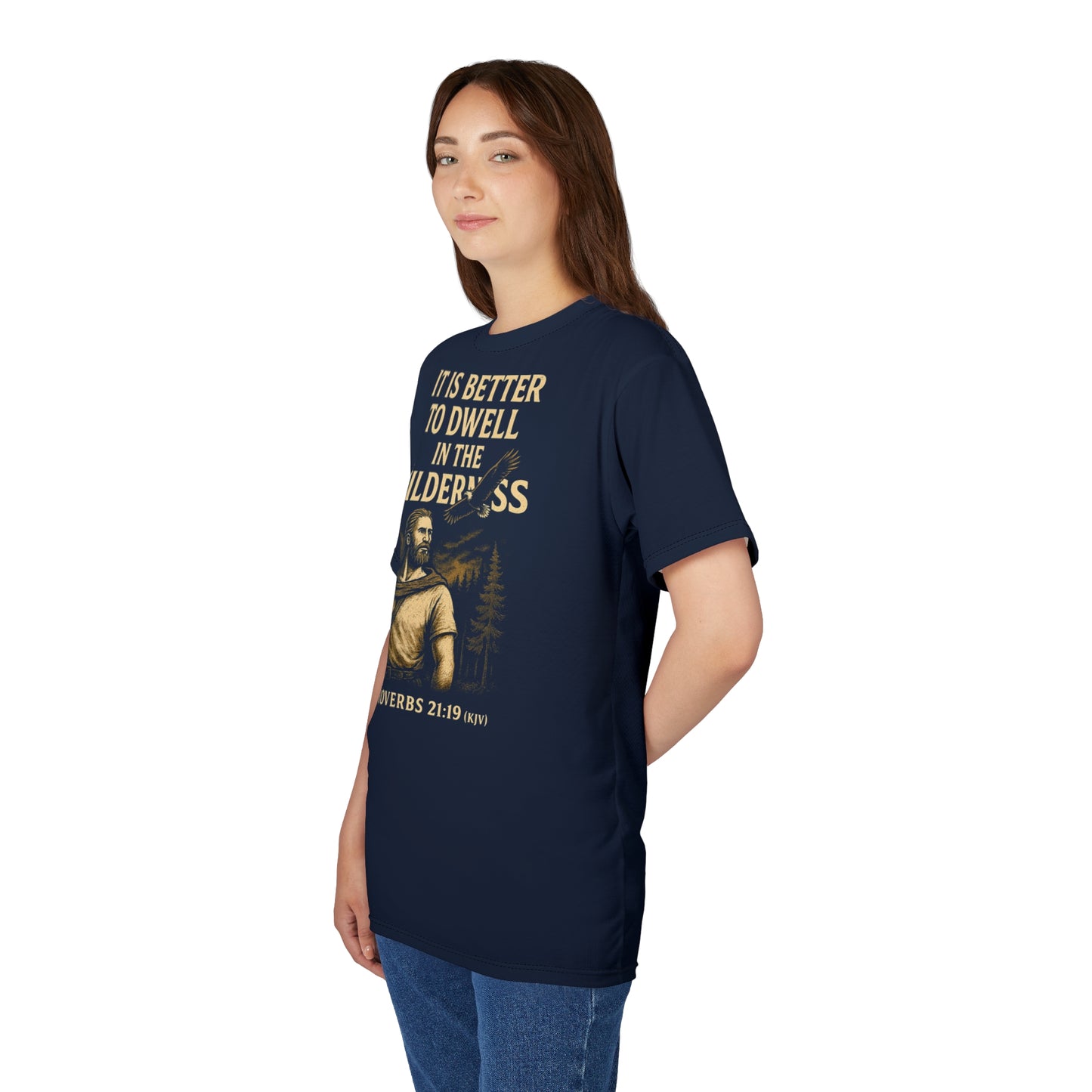"Proverbs 21:19 (KJV)", Wearable Art Unisex T-shirt (Dark Cambridge Blue)