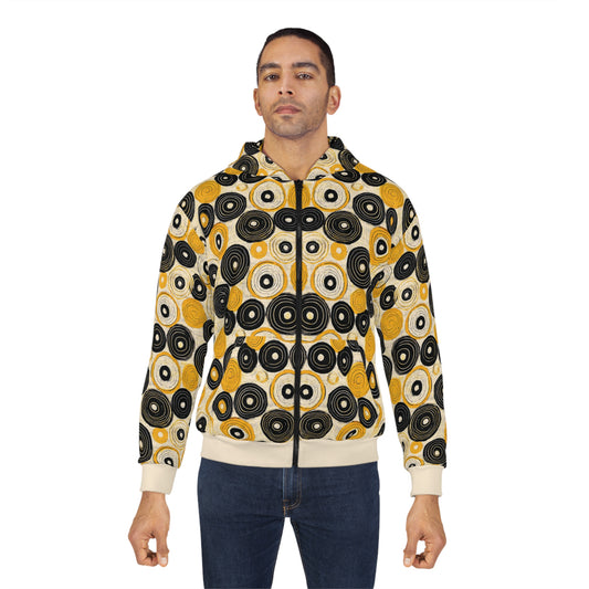 "Old 45's", Wearable Pattern Art Unisex Zip Hoodie (Dough White Cuffs)