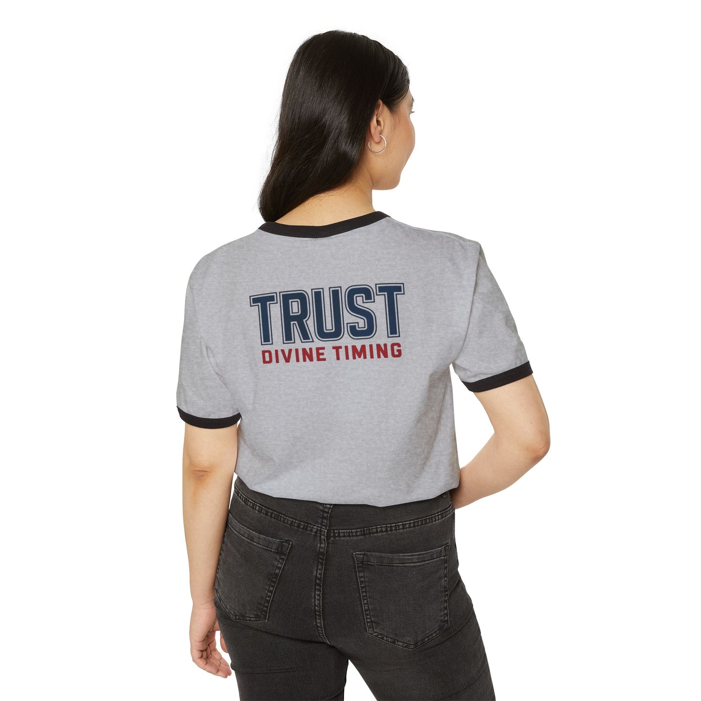"Trust Divine Timing" #02, Unisex Cotton Ringer T-Shirt